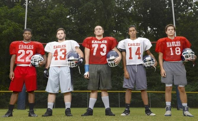 Jay Mills (far left) with fellow members of the 2013 varsity football team
(Photo Courtesy of the Rocky Mount Telegram)