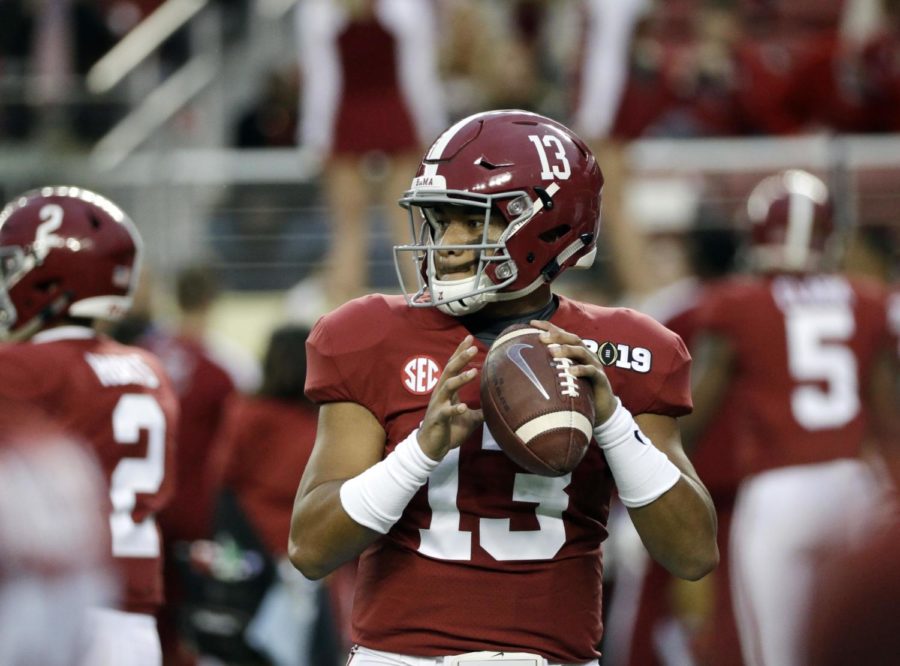 Alabama's Tua Tagovailoa warms up before the NCAA college football playoff championship game against Clemson, Monday, Jan. 7, 2019, in Santa Clara, Calif. (AP Photo/David J. Phillip) ORG XMIT: CFP135
