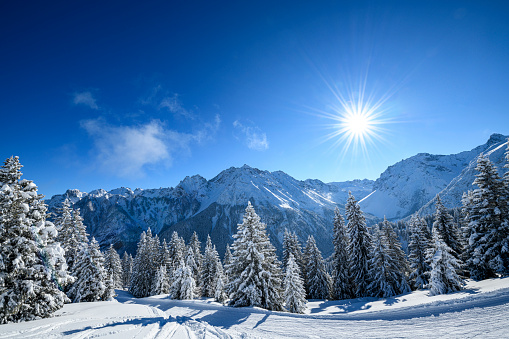 Snowy winter landscape and perfect conditions for winter sport in ski resort. Photographed in Brandnertal, Vorarlberg, Austria.